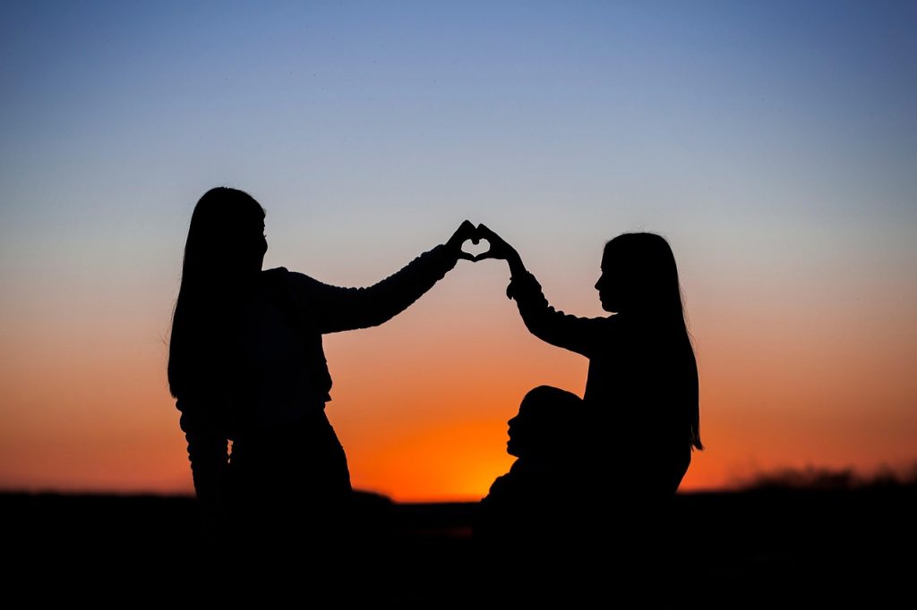 sisters, heart, sunset, sunrise, silhouette, gesture, backlight, love, family, girls, friends, friendships, sunlight, melancholy, serenity, peaceful, dawn, dusk, dark, nature, friendship day, friendship, friendship, friendship, friendship, friendship