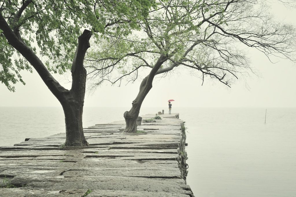 pier, rain, person, umbrella, water, ancient, suzhou, flagstone road, nature, waiting, lakeside, old, stone road
